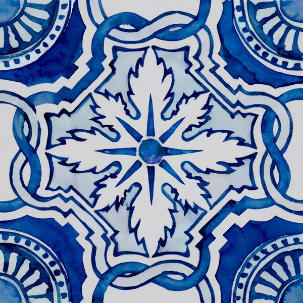Ilustración Acuarela Patrón Azulejos Cerámica Portuguesa Azulejo Cuadrado Único — Foto de Stock