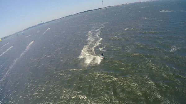Aerial Kite View Kitesurfer Gliding River Windy Day — Stock Photo, Image