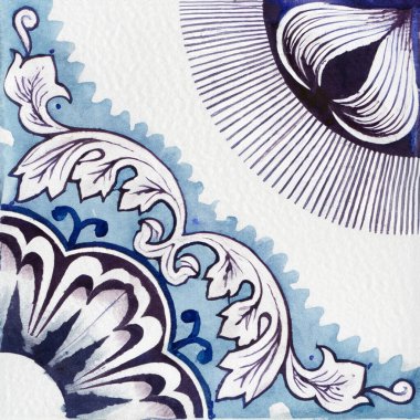 Portekiz seramik seramik seramik desenlerinin suluboya çizimi. Tek kare kiremit.