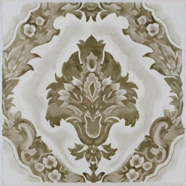 Portekiz seramik seramik seramik desenlerinin suluboya çizimi. Tek kare kiremit.