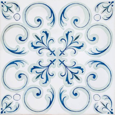 Portekiz seramik seramik seramik desenlerinin suluboya çizimi. Tek kare kiremit.