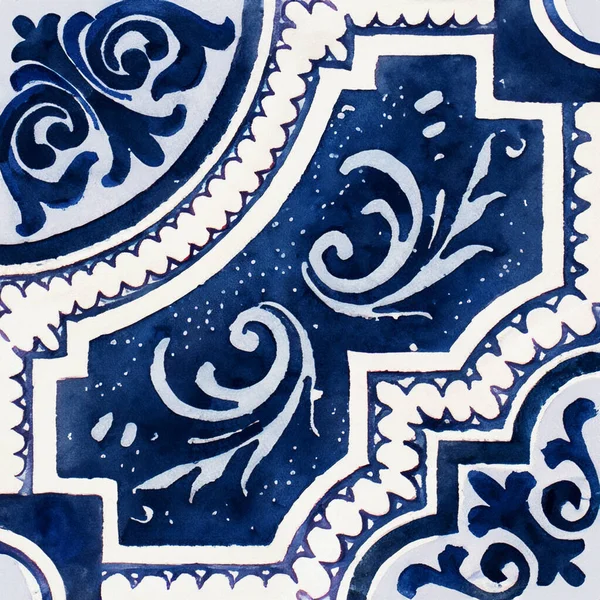 Ilustración Acuarela Patrón Azulejos Cerámica Portuguesa Azulejo Cuadrado Único —  Fotos de Stock