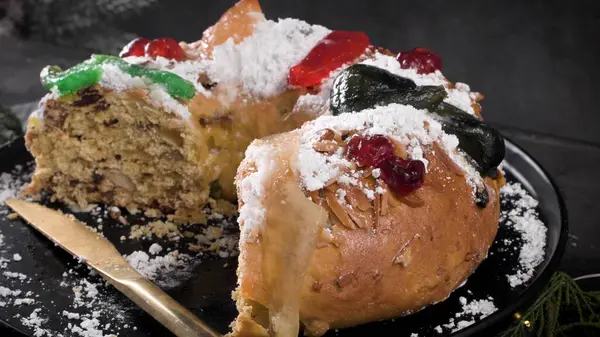 Bolo do Rei or King\'s Cake, Made for Christmas, Carnavale or Mardi Gras on kitcthen countertop.