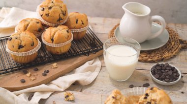 Chocolate chip muffins with milk served on glass cups on white kitchen countertop.
