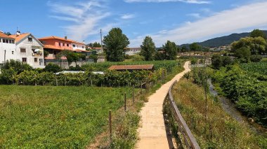 Portekiz, Arouca 'da Ecovia do Arda' da bisiklet sürerken çekilmiş bir bakış açısı. Bisiklet pistine ve doğal manzaraya geniş bir açıdan bakıyor..