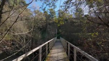 Portekiz, Vila Real 'deki Corgo Nehri şehir parkı boyunca yürüyüşçülerin bakış açısı.