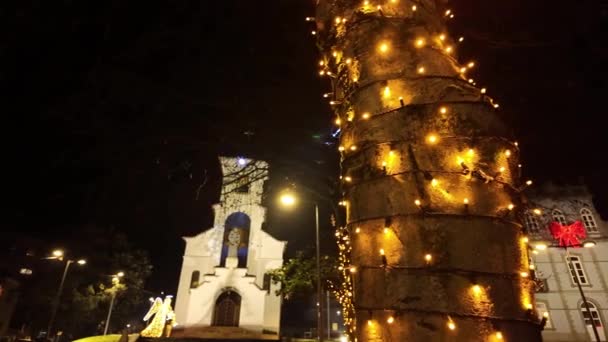 Sao Joao Madeira Portekiz Kasım 2023 Bir Yürüyüşçünün Noel Işıklarıyla — Stok video
