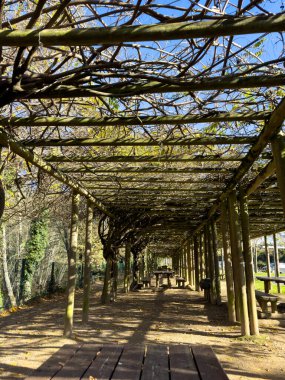 Portekiz, Vila Real 'deki Corgo Nehri şehir parkı boyunca yürüyüşçülerin bakış açısı.