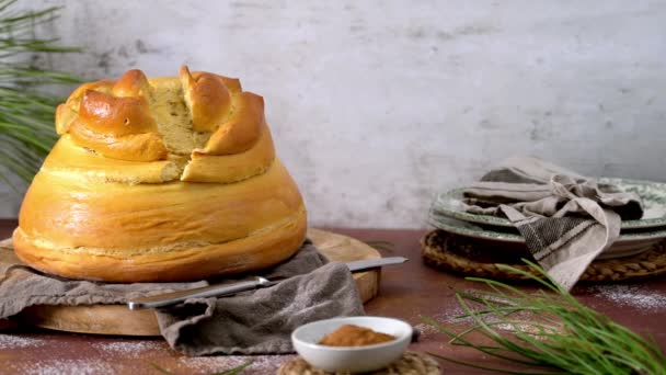 Fogaca Köksbänken Fogaa Traditionell Tårta Från Santa Maria Feira Aveiro — Stockvideo