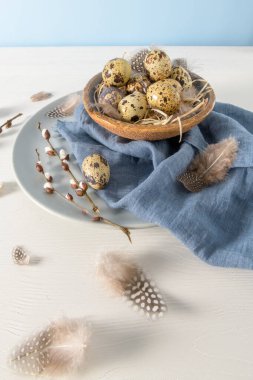 Mavi eşarp ve kuş tüyleriyle seramik bir kasede bıldırcın yumurtası. Ahşap masa beyaza boyanmış ve düz mavi bir arka plan. Paskalya sezonunu çağrıştıran unsurlarla arka plan.