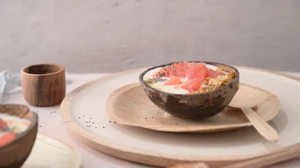 Yogurt Grapefruit Granola Chia Honey Served Half Coconut Shell Rose — Stockfoto
