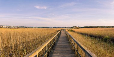 Barrinha de Esmoriz 'in yaya köprülerindeki ahşap yapı. Portekiz, Paramos lagününden gelen su..