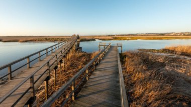 Su üzerinde ahşap köprü. Sonbahar günbatımı ışık ışık Esmoriz, Ovar - Portekiz otelleri.