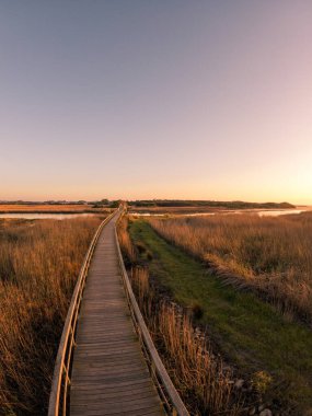 Barrinha de Esmoriz 'in yaya köprülerindeki ahşap yapı. Portekiz, Paramos lagününden gelen su..