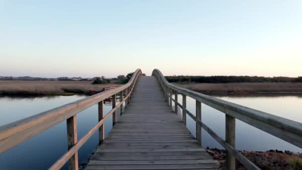 Вид Деревянного Моста Над Водой Закат Света Эсморисе Овар Португалия — стоковое видео
