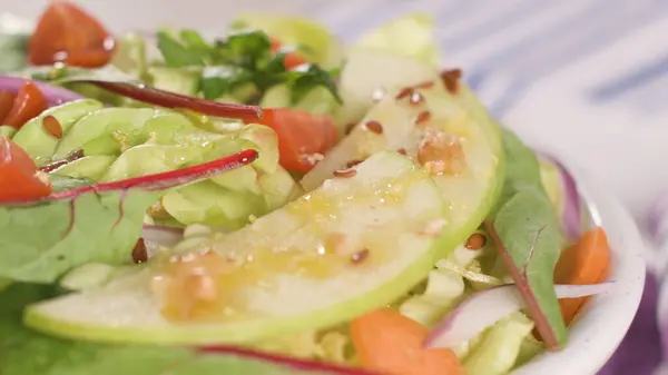 Delicious Vegetable Salad Apple Slices White Ceramic Bowl Table Stock Photo