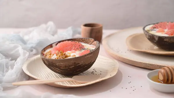 Yogurt Grapefruit Granola Chia Honey Served Half Coconut Shell Rose – stockfoto