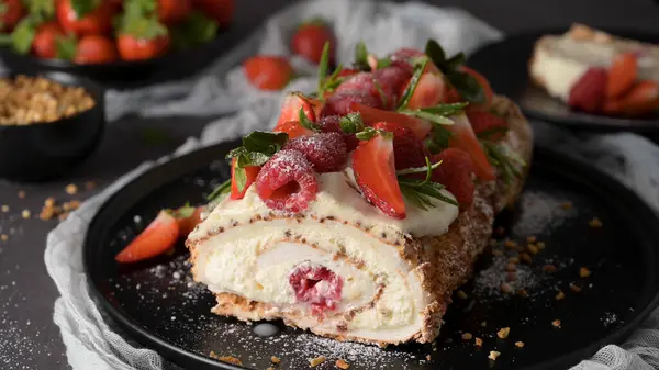 Meringue Roll Cake Cream Raspberries Roulade Summer Dessert Served Ceramic Stockbild