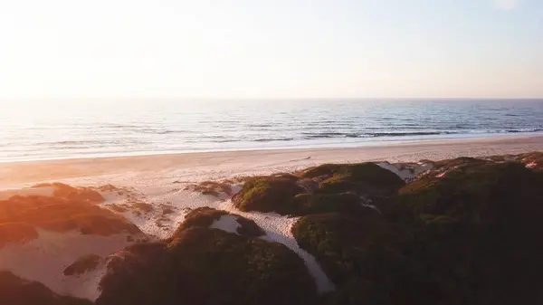 海滩和沙丘在日落时在葡萄牙阿威罗 Murtosa 的鸟瞰图 鸟瞰图 图库照片