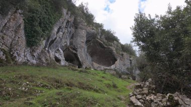 Buracas do Casmilo at Condeixa - Portekiz. Engebeli bir yamaçta yuva yapmış antik kireçtaşı mağaraları, bulutlu bir günde yeşil bitki örtüsü ve yosun kaplı kaya oluşumları arasında birden fazla doğal mağara açıkları barındırır..