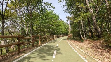 Portekiz, Vouzela 'da bisiklet sürerken çekilmiş bir bakış açısı. Bisiklet pistine ve doğal manzaraya geniş bir açıdan bakıyor..