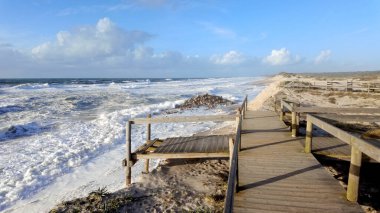 Ovar, Portugal - February 10, 2024: Storm Karlota worsens the fragile dune protection north of Furadouro beach. clipart