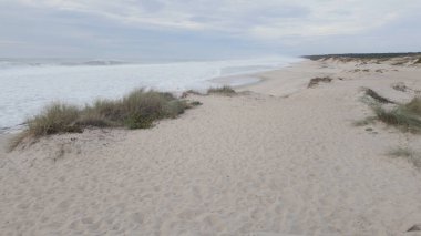 Portekiz 'in Furadouro Sahili' ndeki geniş kum tepeleri, güçlü Atlantik fırtınalarının kıyı aşınma süreçlerini hızlandırdığı yer.