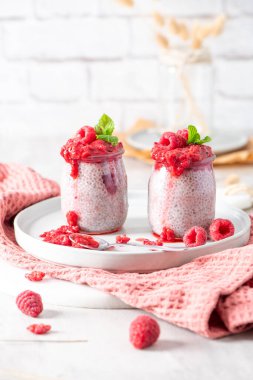 Canlı ahududu gübresi ve taze nane yapraklarıyla kaplı ev yapımı chia tohumu pudingiyle dolu bir çift cam kavanoz beyaz bir tabakta duruyor. Bu parlak stüdyo görüntüsü leziz ve sağlıklı bir kahvaltı ya da atıştırmalık, desenli pembe bir pıhtı yakalar.
