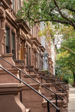 Row of beautiful upscale New York City apartment building homes with green trees