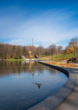 Montreal, Canada - November 4, 2022:  View of Mount Royal Park in Montreal Canada on a sunny afternoon with pond in view.