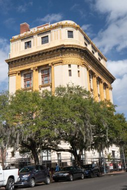 Savannah, Georgia - 19 Şubat 2023: Savannah Georgia 'nın tarihi bölgesinde tarihi Gryphon binası