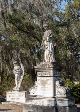 Savannah, Georgia - 20 Şubat 2023: Mezarları ve manzaralı tarihi Bonaventure Mezarlığı manzarası. 