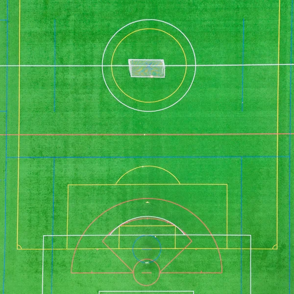 Overhead Εναέρια Άποψη Του Γηπέδου Ποδοσφαίρου Χλοοτάπητα Και Γραμμές — Φωτογραφία Αρχείου