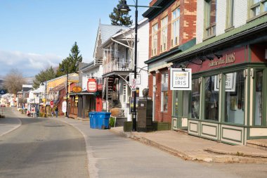 Baie-Saint-Paul, Quebec, Kanada - 8 Kasım 2022: Baie-Saint-Paul Kanada 'da renkli mimari ile sokak sahnesi. 