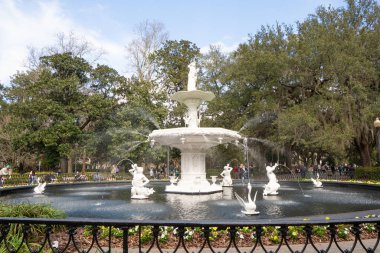 Savannah, Georgia - 19 Şubat 2023 Savannah 'daki tarihi Forsyth Park çeşmesinden görüntü. 