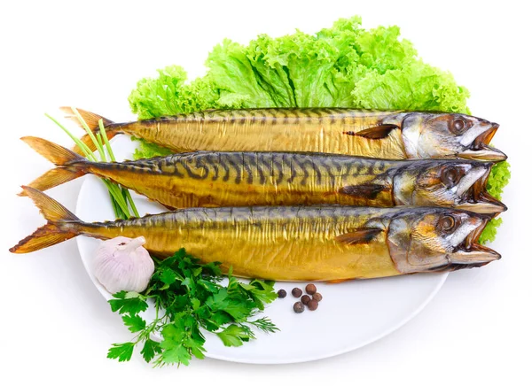 Appetitlich Geräucherter Fisch Auf Einem Teller Stockbild