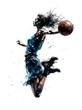 Basketbol oynayan güzel kadın beyaz arka planda izole edilmiş.