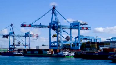 Hollanda 'daki Europoort Maasvlakte limanındaki konteyner terminalinde kargo gemileri. 