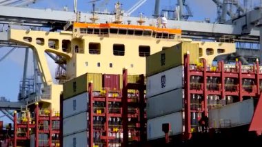 Hollanda 'daki Europoort Maasvlakte limanındaki binlerce konteynırla yüklü büyük bir kargo gemisi.. 
