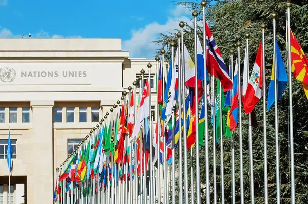 Zászlók Bejárat Előtt Egyesült Nemzetek Genfi Palotája Közelkép Stock Fotó