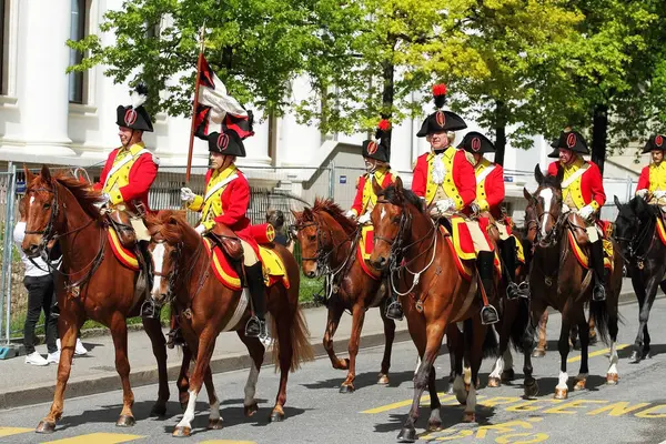 stock image GENEVA; SWITZERLAND-May 04, 2024: Bernese Dragoons Cavalry squad - street parade participants. Old Grenadiers March, 275-years anniversary of the Vieux Grenadiers society, May 04, 2024