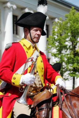 Cavalry bugler - street parade participant in the Bernese Dragoons uniform. Old Grenadiers March, 275-years anniversary of the Vieux Grenadiers society, May 04, 2024 clipart