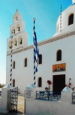 The Orthodox Church of Panagia Akathistos Hymn Holy. Facade view. Oia, Santorini. Santorini Island, Greece. clipart