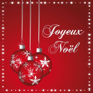 Kırmızı ve gümüş Noel tebrik kartı. Fransızca konuş. Vektör illüstrasyonu.