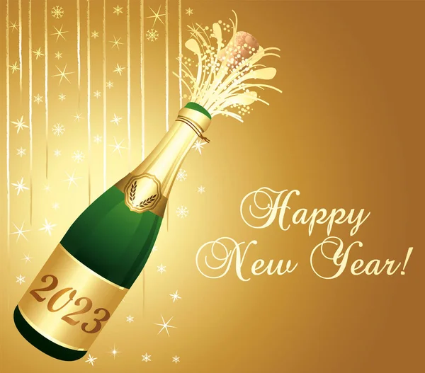 Gelukkig Nieuwjaar Gouden Wenskaart Met Champagne Feestversieringen Vectorillustratie — Stockvector