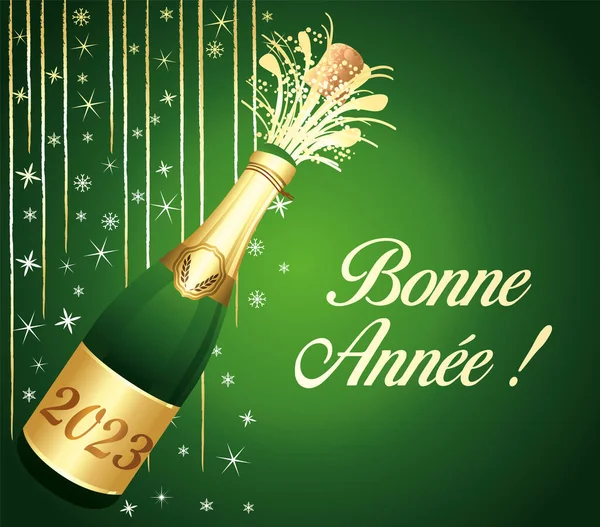 Frohes Neues Jahr Französisch Goldene Und Grüne Grußkarte Mit Champagner — Stockvektor