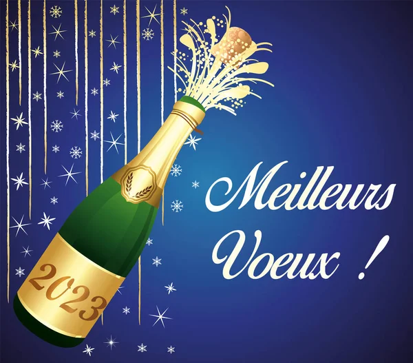 最高の願い フランス語だ シャンパンとパーティーの装飾とゴールドと青の幸せな新年の挨拶カード ベクターイラスト — ストックベクタ