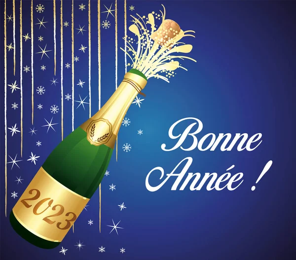 Boldog Évet Francia Nyelv Arany Kék Üdvözlőlap Pezsgővel Party Dekorációval — Stock Vector