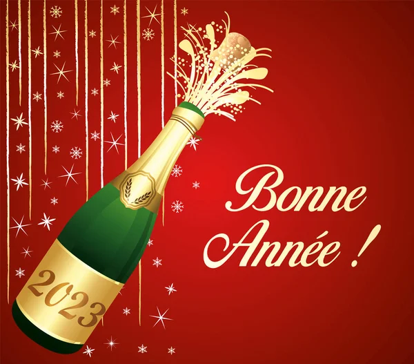 Mutlu Yıllar Fransızca Konuş Şampanya Parti Dekorasyonlu Altın Kırmızı Tebrik — Stok Vektör
