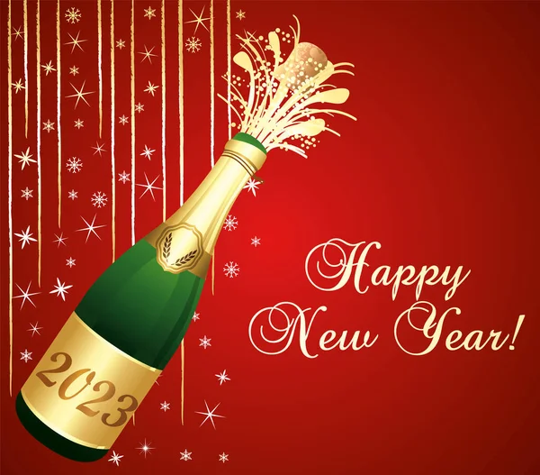 Gelukkig Nieuwjaar Rood Goud Wenskaart Met Champagne Feestversieringen Vectorillustratie — Stockvector